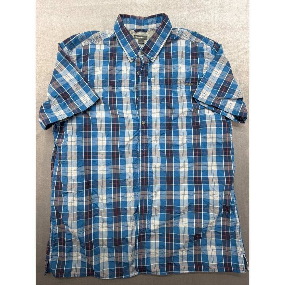 Eddie Bauer Men Short Sleeve Shirt Button Up Vented Plaid Size XLT